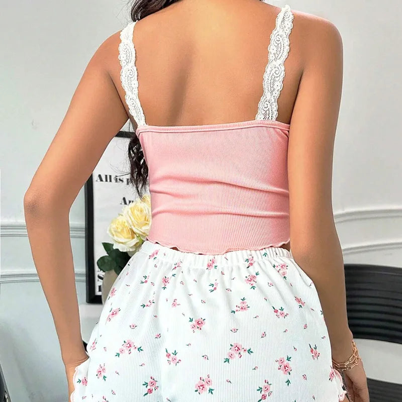 2025 women's sexy lace lace camisole vest shorts sleepwear women's slim fit two-piece home outfit new product pink coffee blue